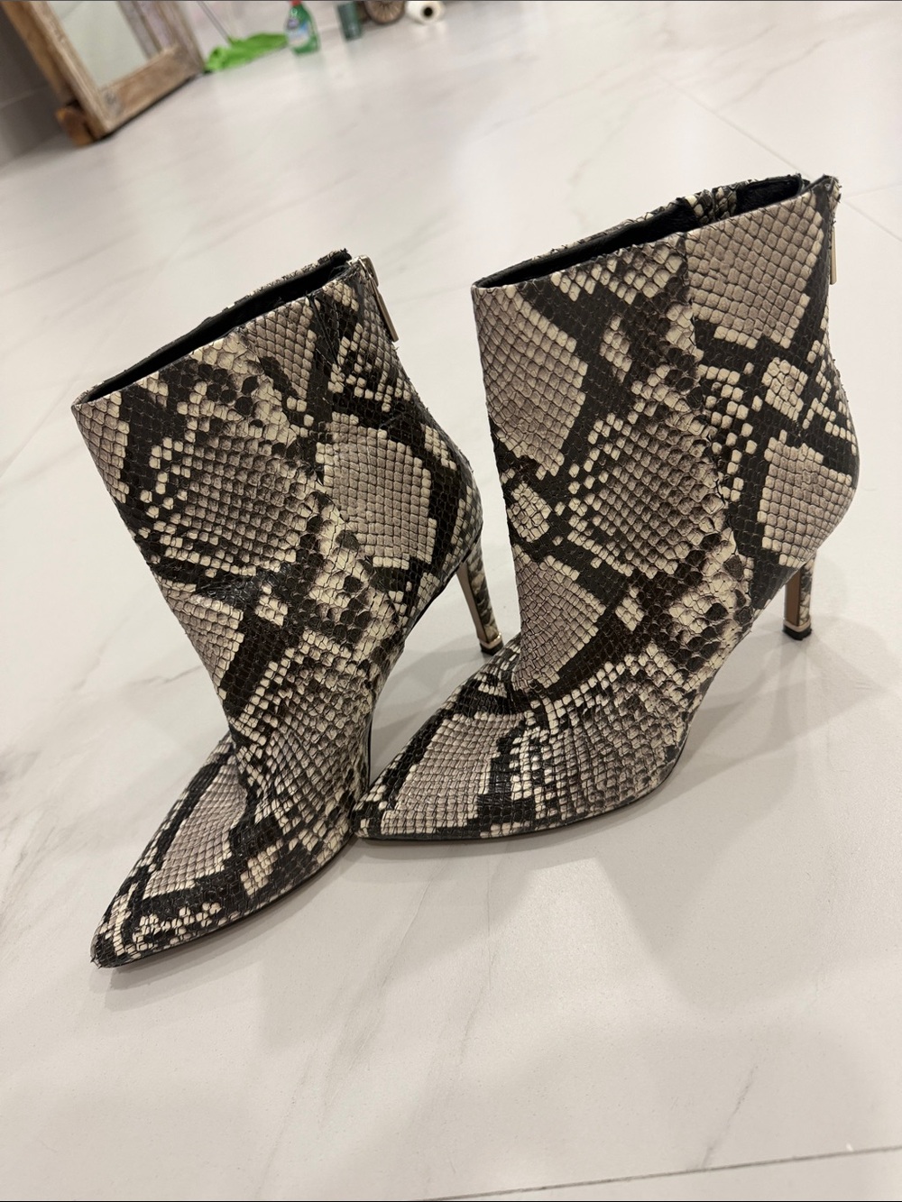 Pointed Toe Leather Snake-Print Ankle Booties in Black and Cream